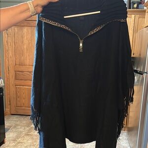 Elegant Black Sweater with Leopard Trim